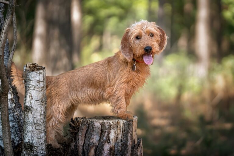 basset fauve de Bretagne contre un tronc d'arbre